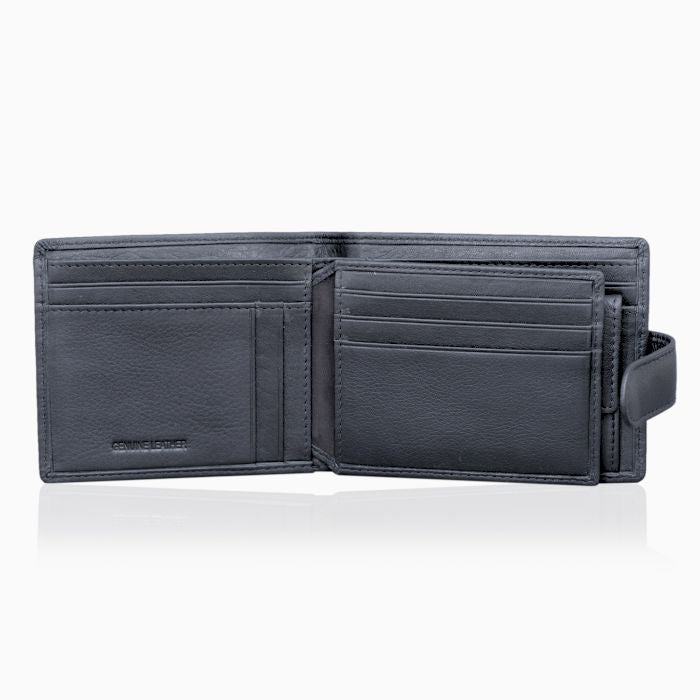 Genuine Leather 9 card RFID protected men's wallet with inside flap and coin purse.