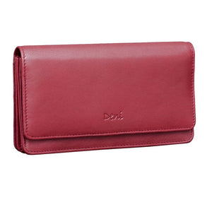 Genuine Leather13 card RFID protected ladies flap over ladies clutch purse with back zipper coin purse.