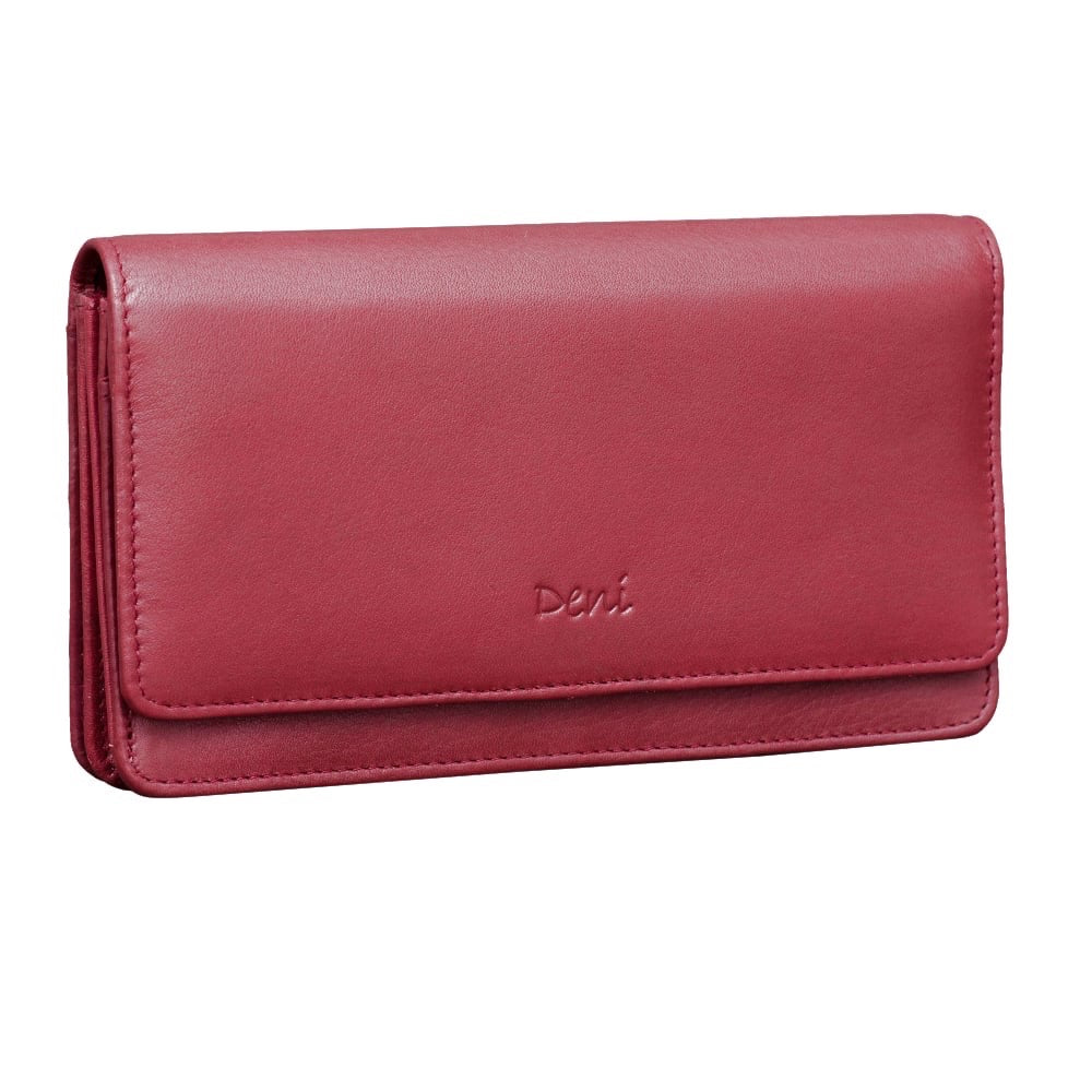 Genuine Leather13 card RFID protected ladies flap over ladies clutch purse with back zipper coin purse.