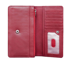 Genuine Leather13 card RFID protected ladies flap over ladies clutch purse with back zipper coin purse.